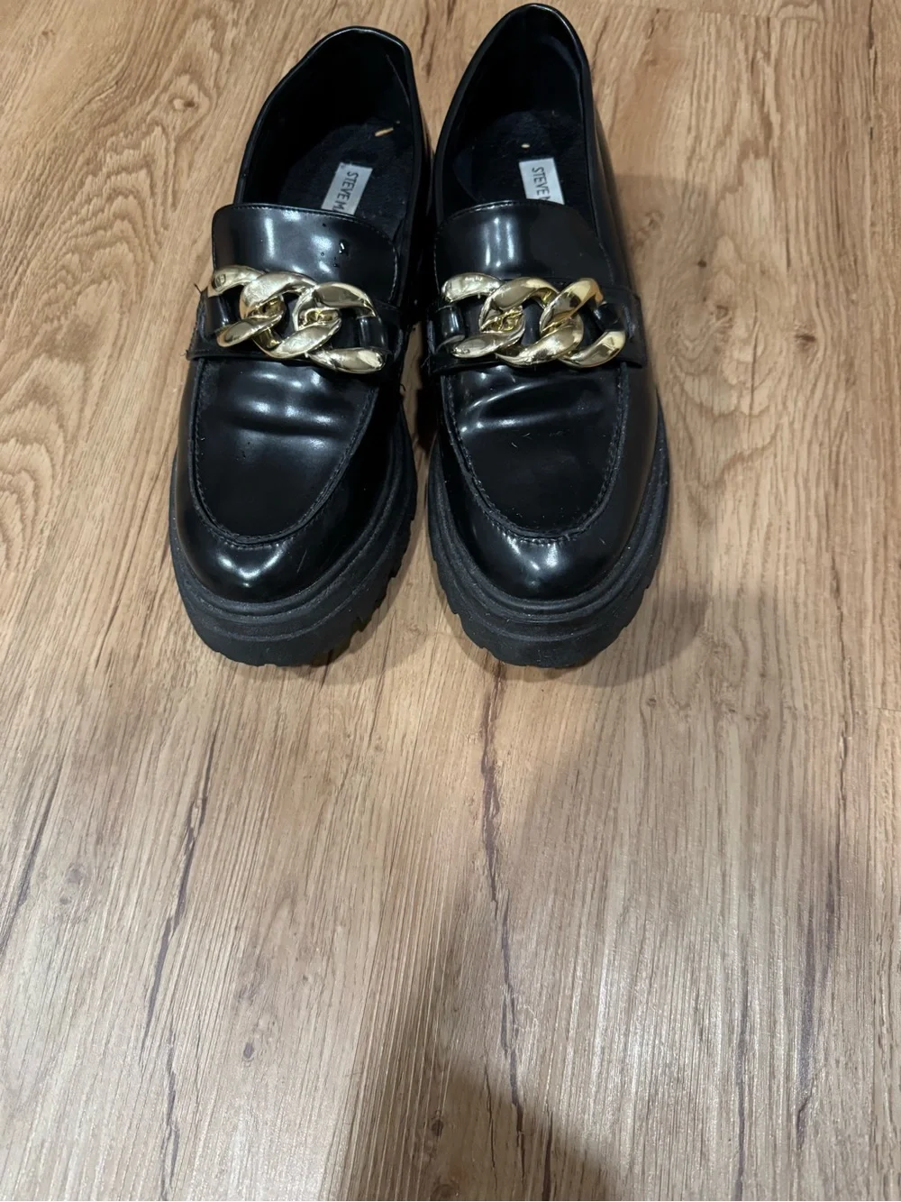 Steve Madden Black Leather Loafers with Gold Chain Accent